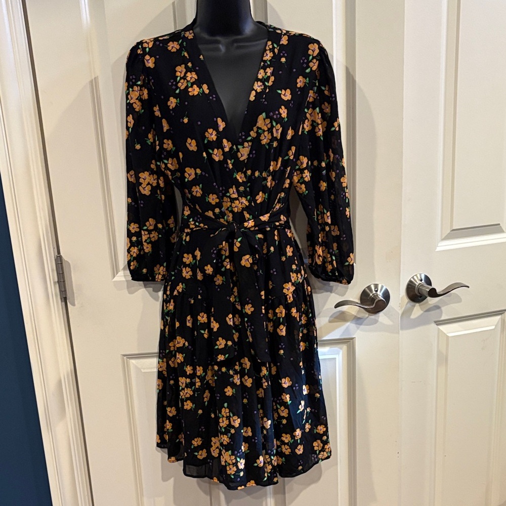 CAbi Black Dress with Orange Floral Print small
